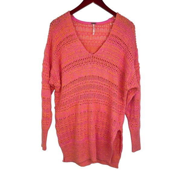 Free people hot tropics pullover sweater open knit oversized spring orange XS - Picture 3 of 8